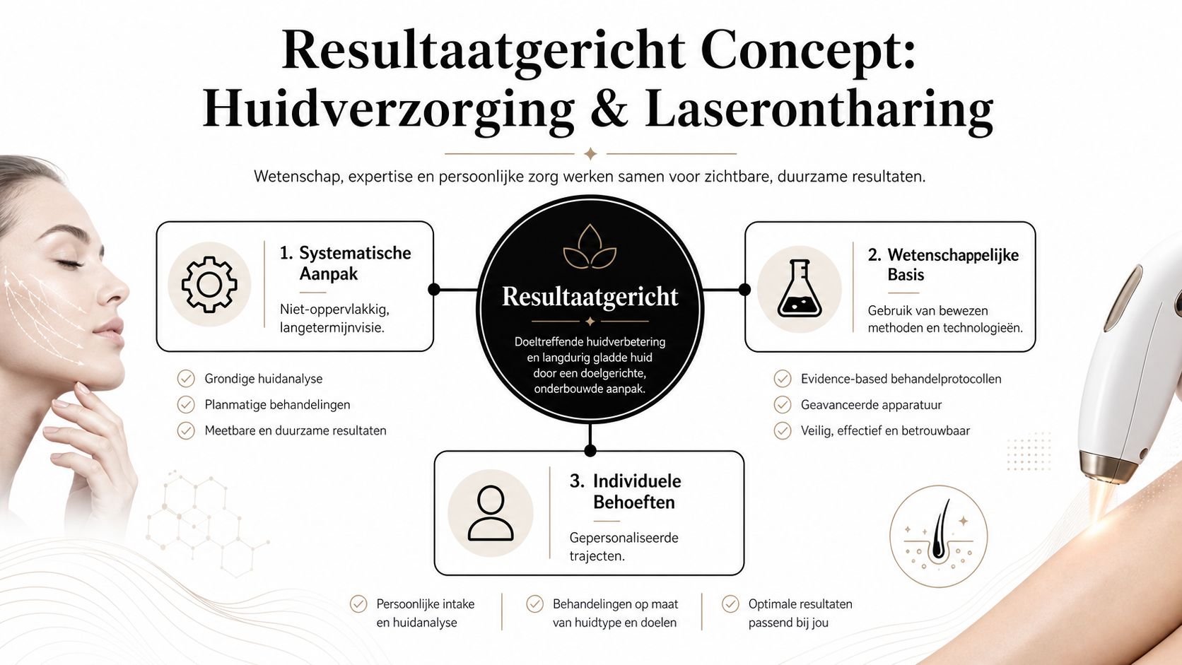Een overzicht van een resultaatgerichte aanpak voor professionele huidverzorging en effectieve laserontharing met wetenschappelijke methoden.