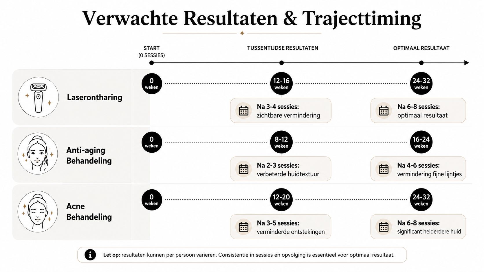 Overzicht van verwachte resultaten en trajecttiming voor laserontharing, anti-aging en acne behandelingen.