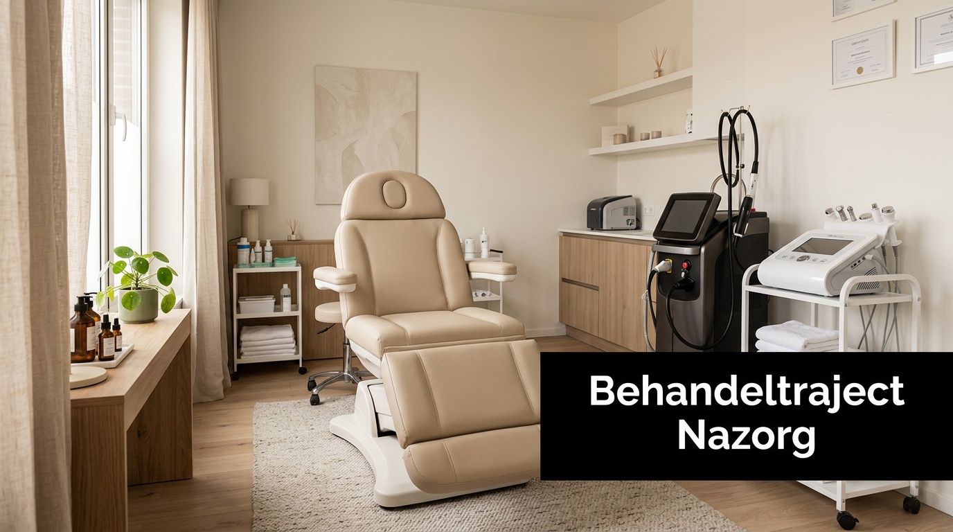 Een moderne, rustige behandelkamer met een comfortabele behandelstoel voor het verbeteren van de huidelasticiteit en diverse schoonheidsapparatuur.