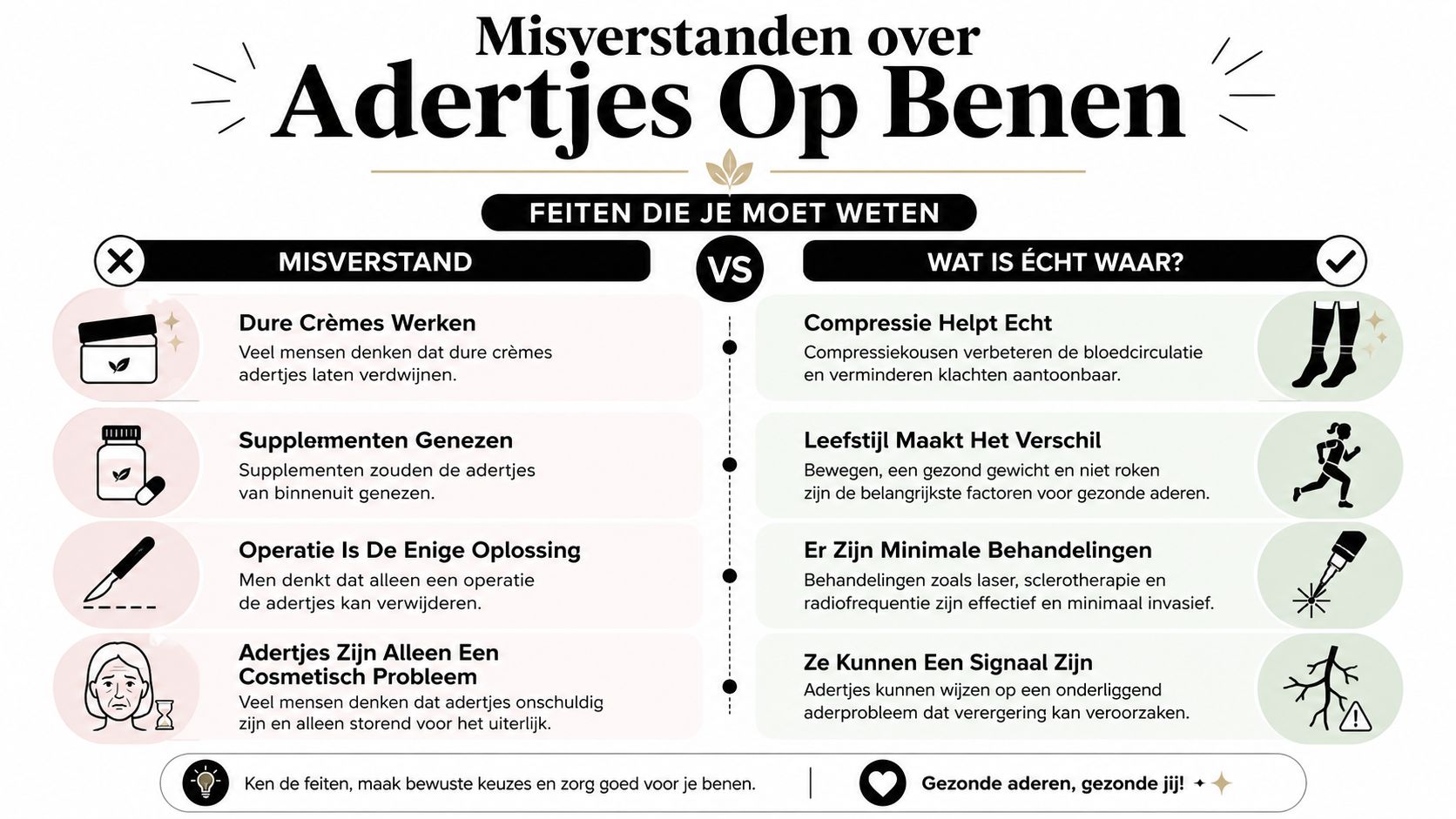 Een infographic die veelvoorkomende misverstanden over adertjes op de benen weerlegt met feitelijke medische informatie en oplossingen.
