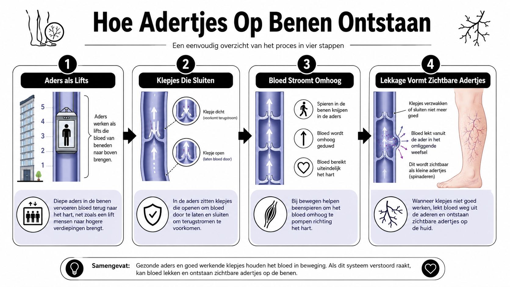Een infographic die in vier stappen uitlegt hoe spataderen en kleine adertjes op benen kunnen ontstaan.