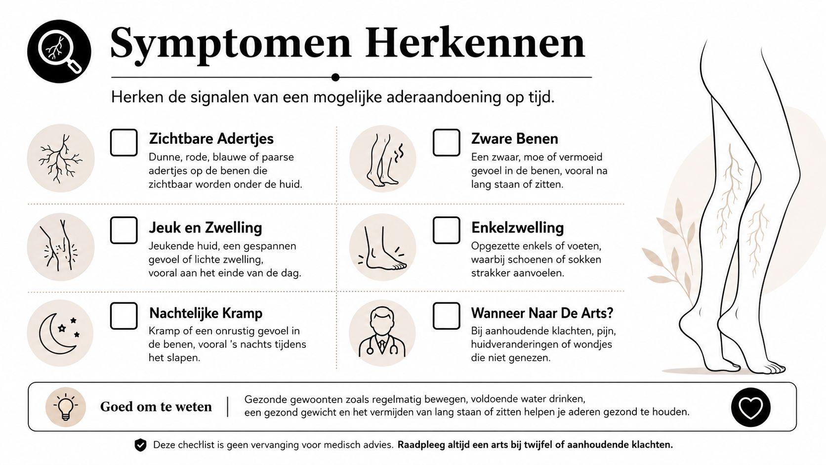 Een informatieve checklist met symptomen van spataderen en aderaandoeningen voor vroege herkenning en medisch advies.