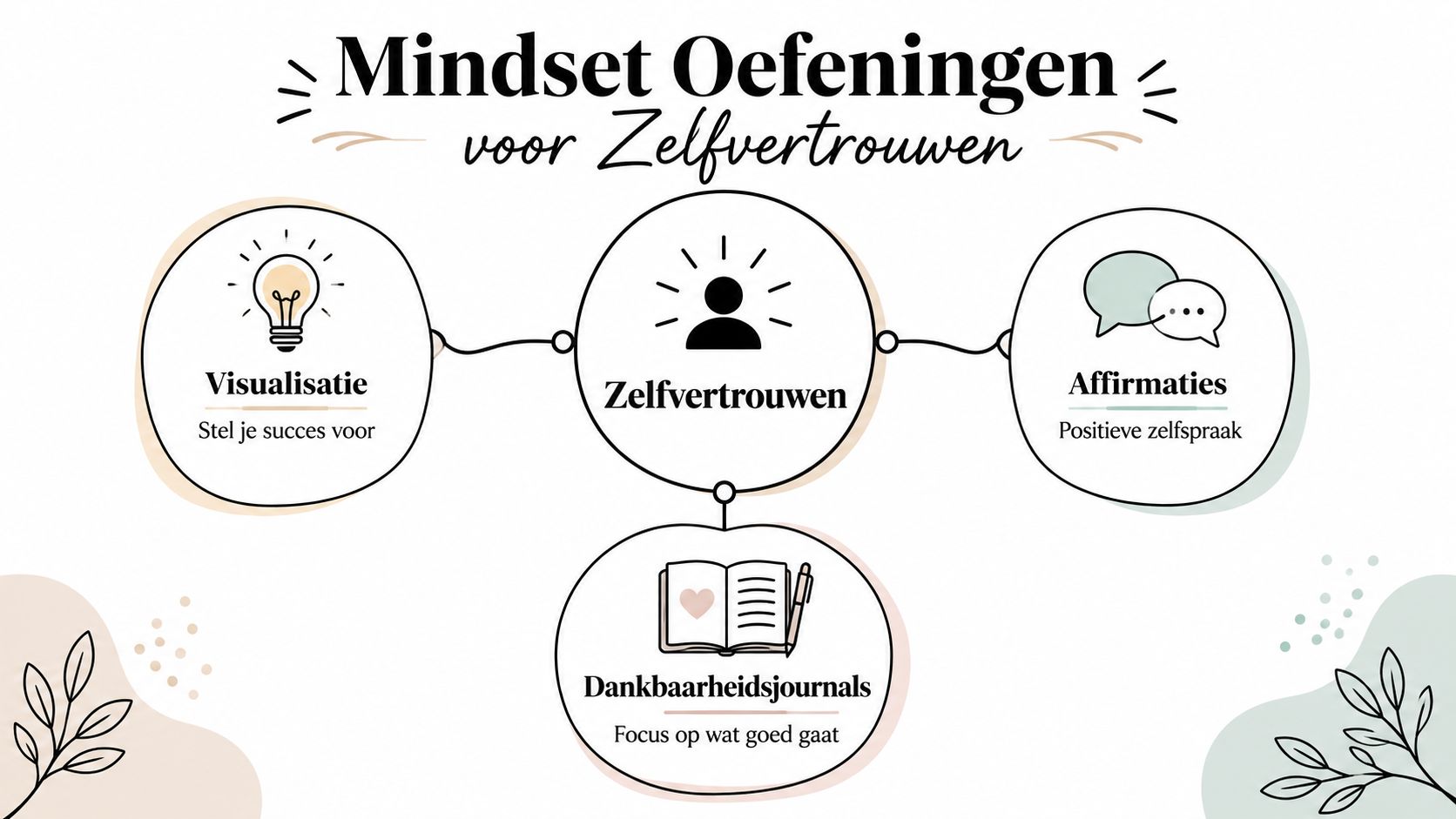 Een overzichtelijk schema met Mindset Oefeningen voor Zelfvertrouwen, inclusief visualisatie, affirmaties en dankbaarheidsjournals voor persoonlijke groei.