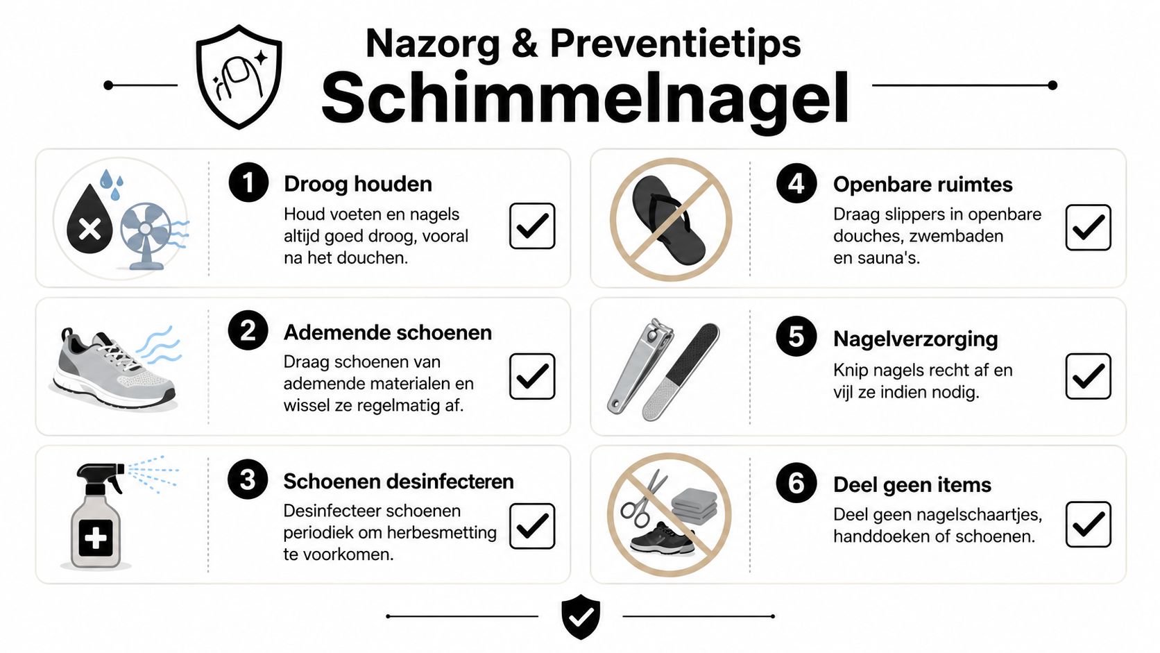 Een overzichtelijke infographic met zes preventietips voor de verzorging en nazorg bij schimmelnagels aan de voeten.