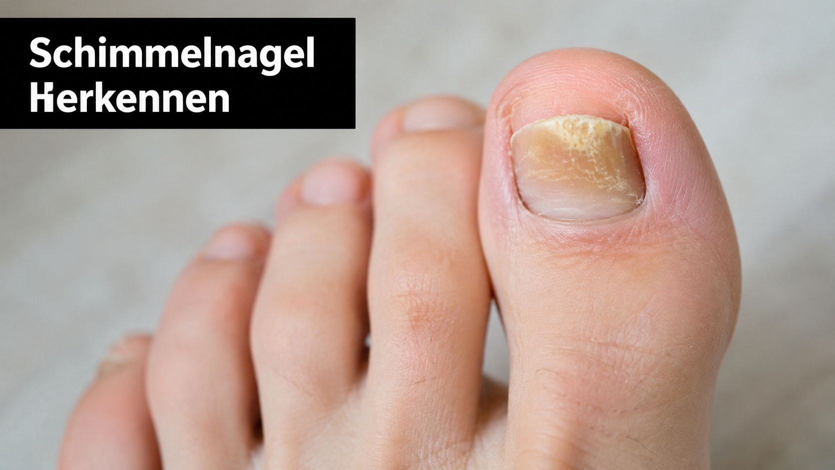 Een close-up van een menselijke voet met een verkleurde, verdikte teennagel die wijst op een schimmelinfectie.