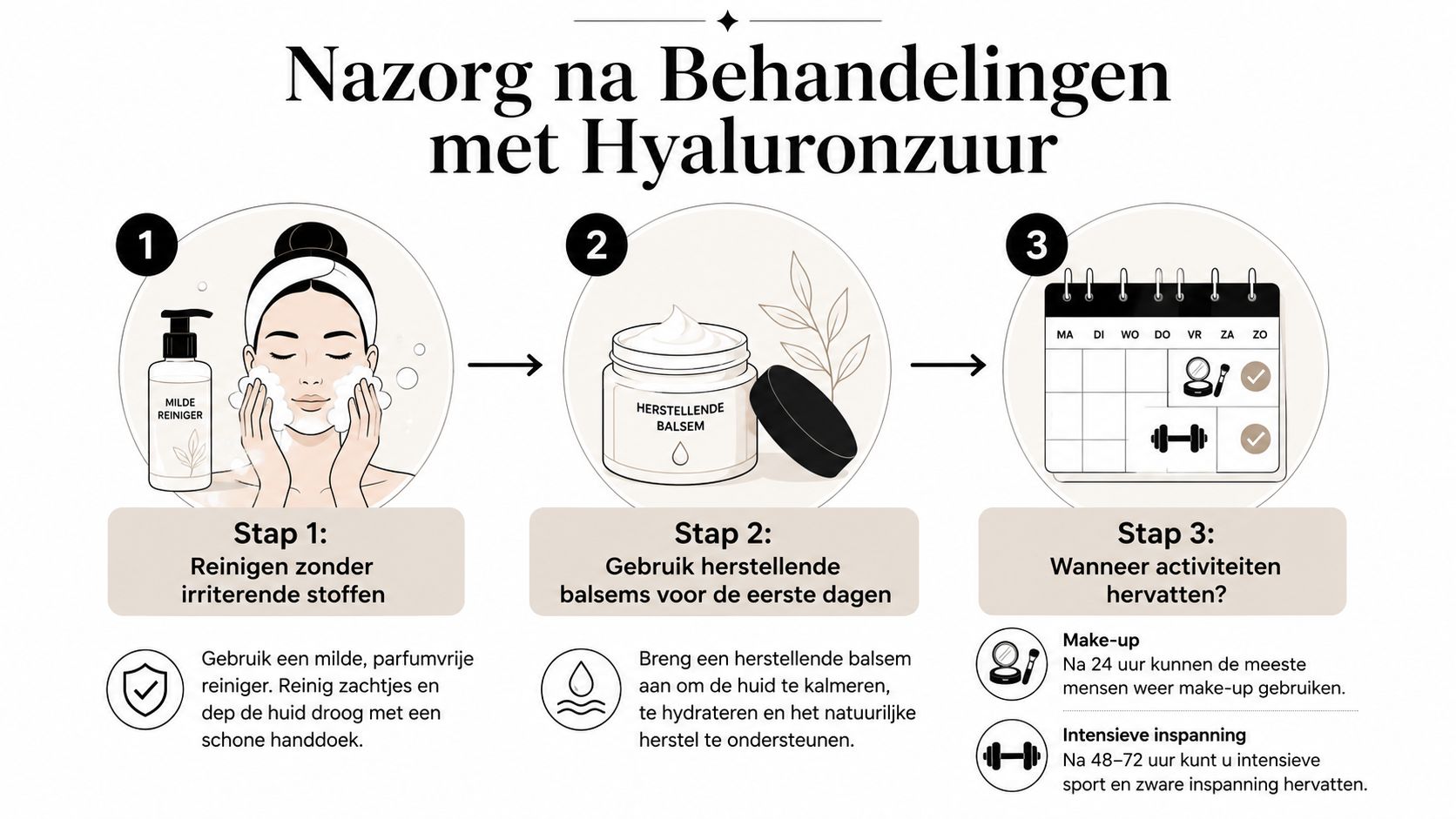 Een infographic met drie stappen voor nazorg na een medische cosmetische behandeling met hyaluronzuur.