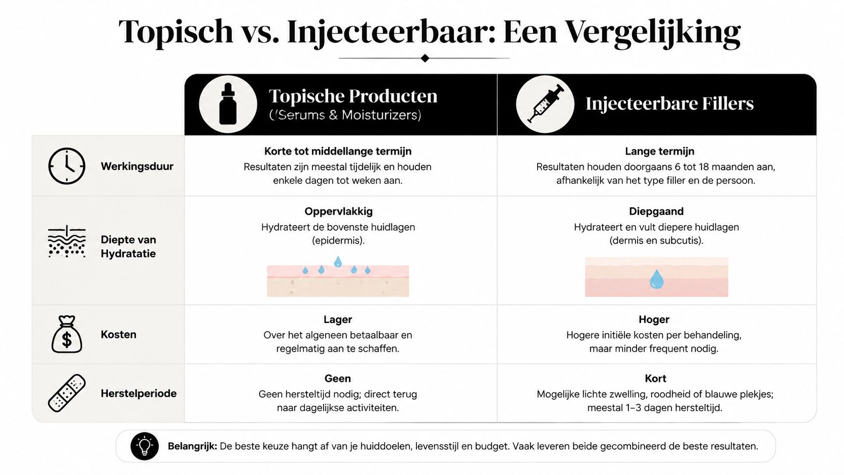 Een vergelijkingstabel tussen topische huidverzorgingsproducten zoals serums en injecteerbare fillers voor gezichtsbehandelingen.