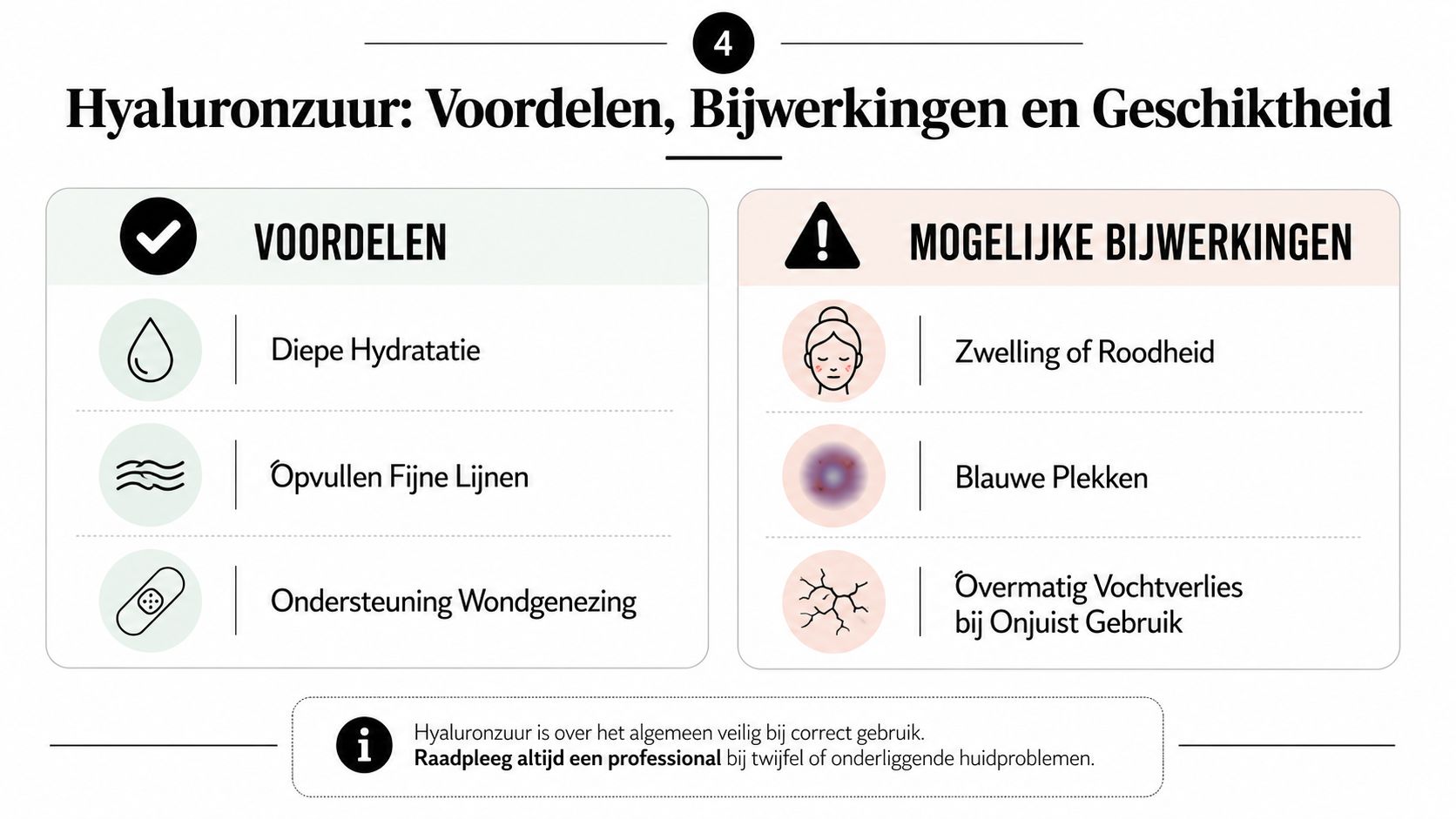 Een infographic over de voordelen, bijwerkingen en het veilige gebruik van hyaluronzuur voor de huid.