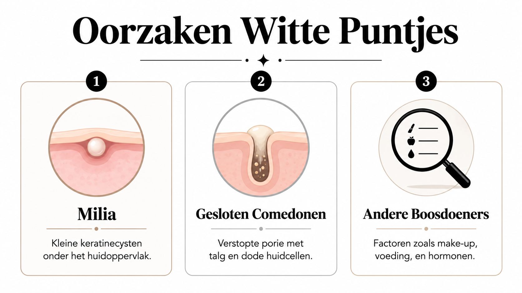 Een informatieve afbeelding die de drie belangrijkste oorzaken van witte puntjes op het gezicht illustreert.