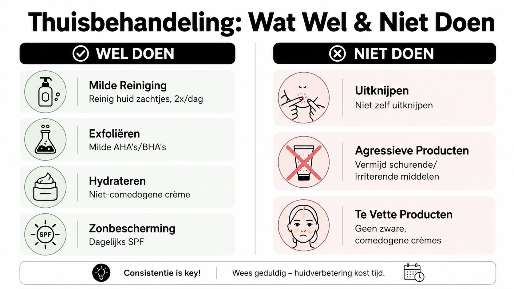 Een overzicht met tips voor huidverzorging, verdeeld in aanbevolen gewoontes en zaken die je moet vermijden.