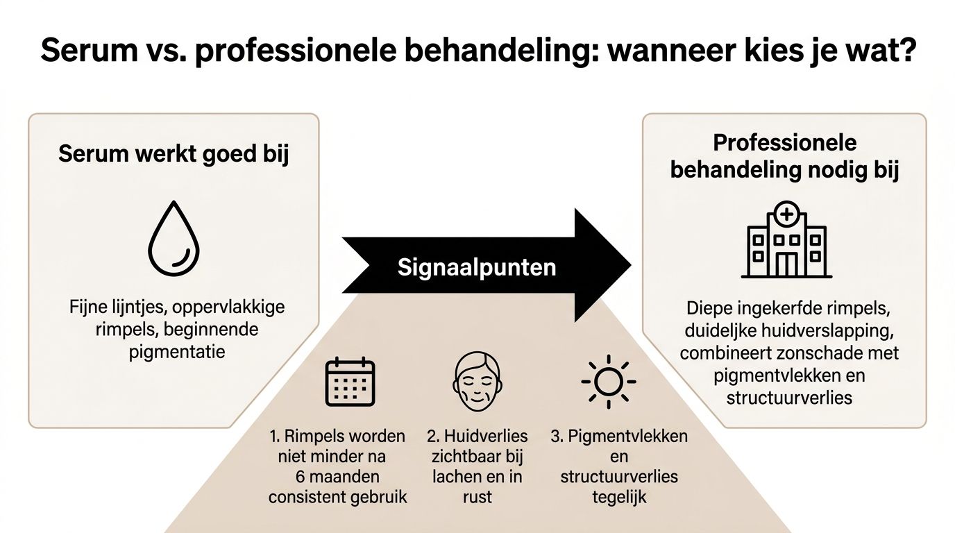 Een infografiek die vergelijkt wanneer je een serum of een professionele cosmetische behandeling moet kiezen voor huidverzorging.