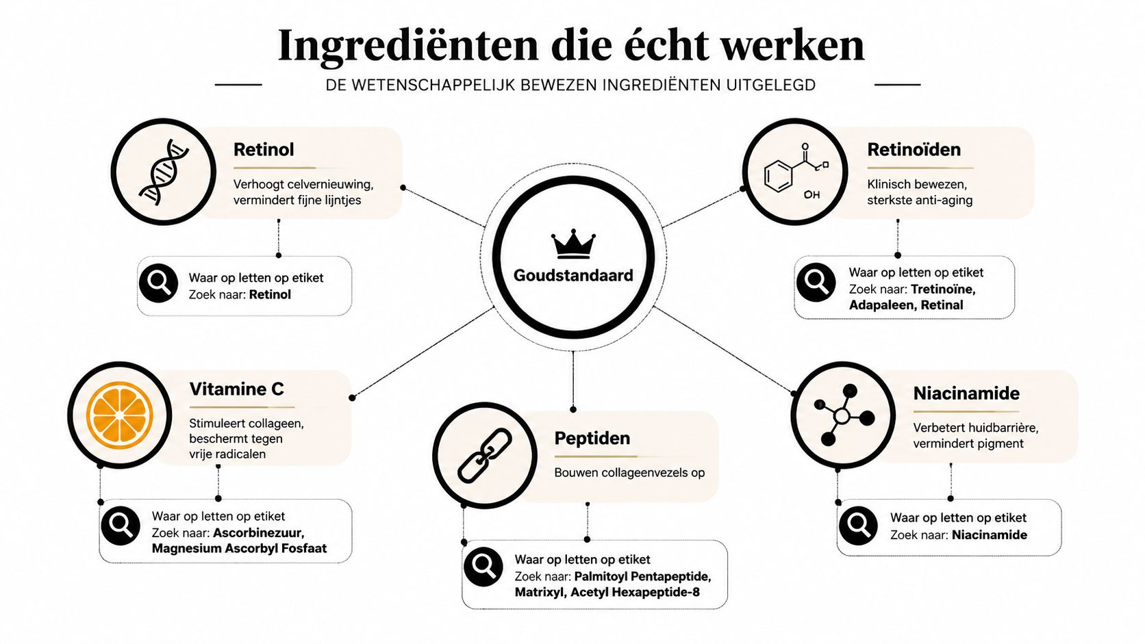 Een overzicht van wetenschappelijk bewezen huidverzorgingsingrediënten zoals retinol, vitamine C, peptiden en niacinamide voor een gezonde huid.