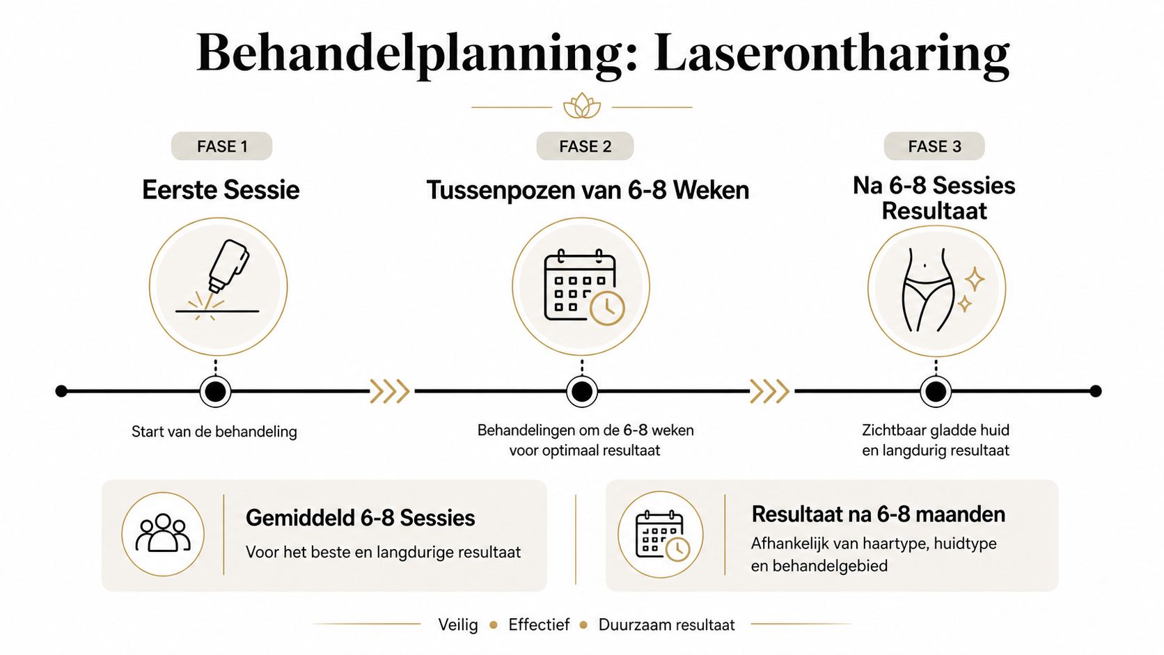 Een overzichtelijk behandelplan voor laserontharing met fasen, sessiefrequenties en resultaten voor een gladde huid.