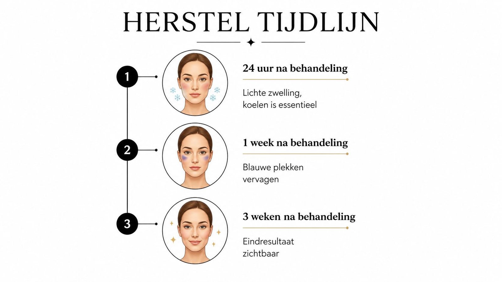 Een infografiek die de hersteltijd na een medische cosmetische ingreep in drie stappen duidelijk in beeld brengt.