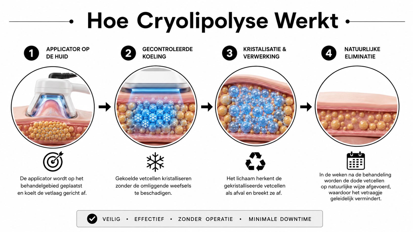 Een infographic die de vier stappen van het cryolipolyse-proces uitlegt voor vetvermindering zonder chirurgische ingreep.