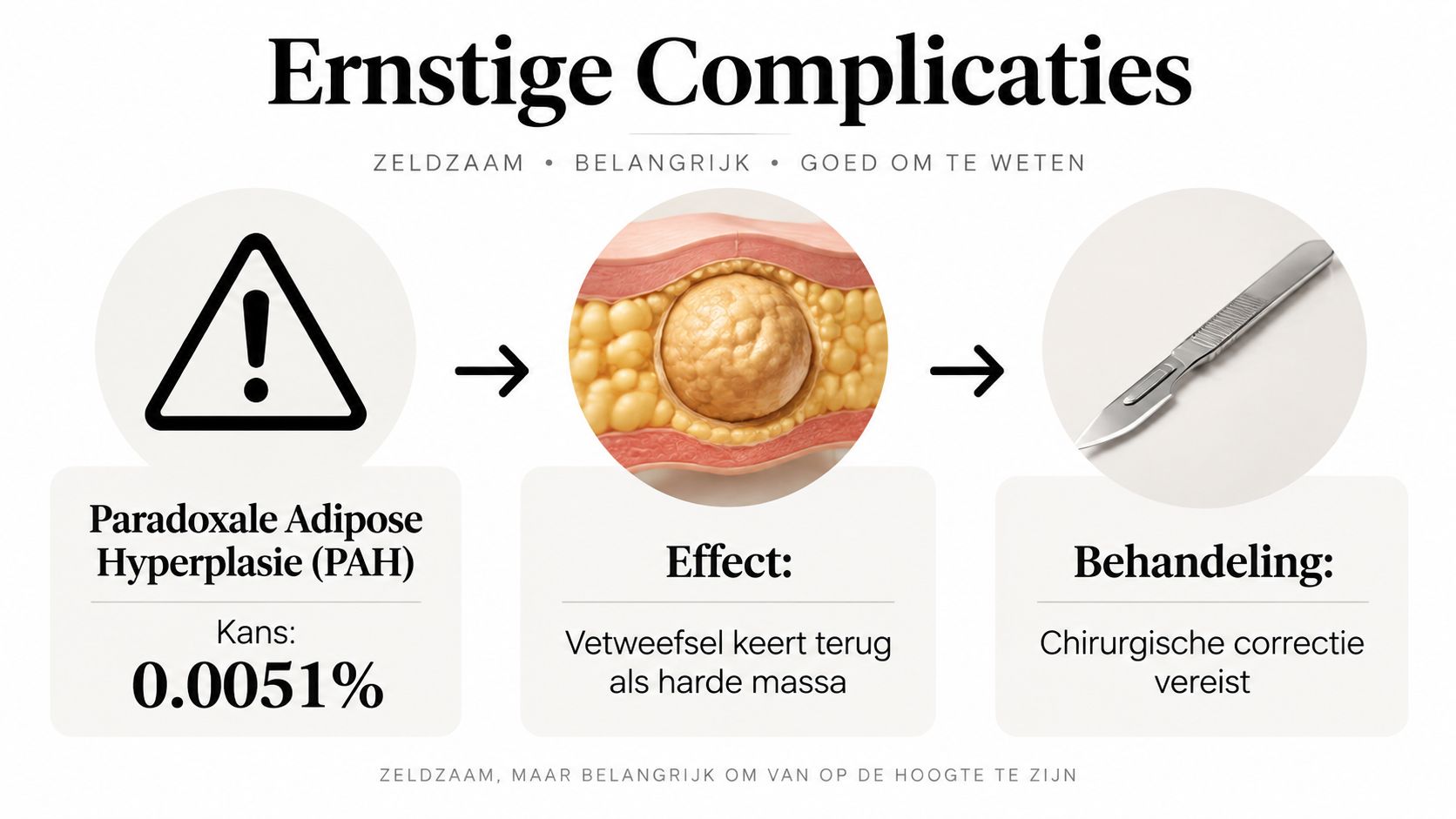 Een medische infographic over de zeldzame complicatie paradoxale adipose hyperplasie na cryolipolyse met behandelingsinformatie.
