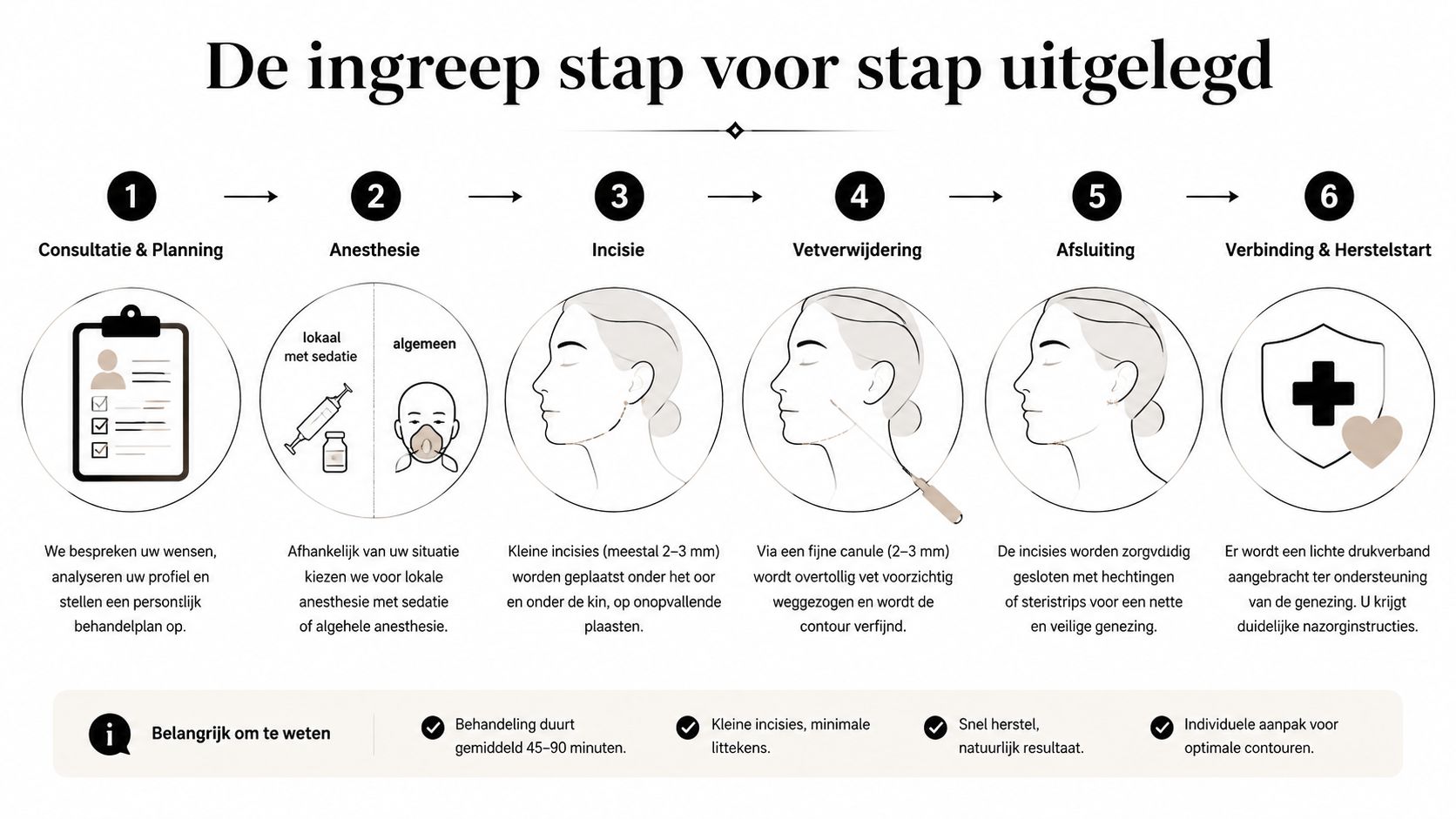 Stap voor stap infographic van een vetverwijderingsingreep bij de kin met zes duidelijke fasen voor patiënten.