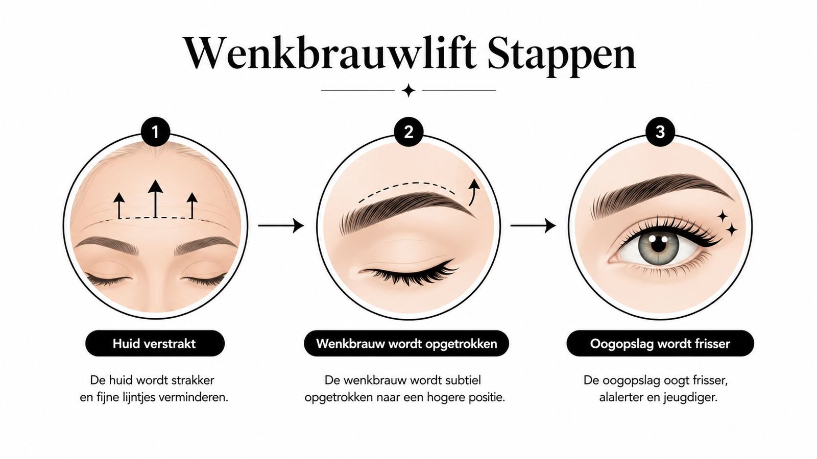 Een infographic die de drie fasen van een wenkbrauwlift laat zien, van huidverstrakking tot een frissere uitstraling.