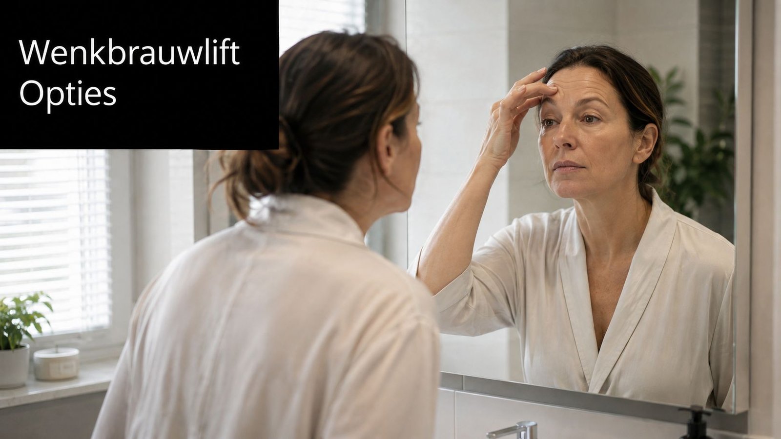 Een vrouw kijkt in de spiegel naar haar voorhoofd en onderzoekt haar wenkbrauwlift opties in de badkamer.