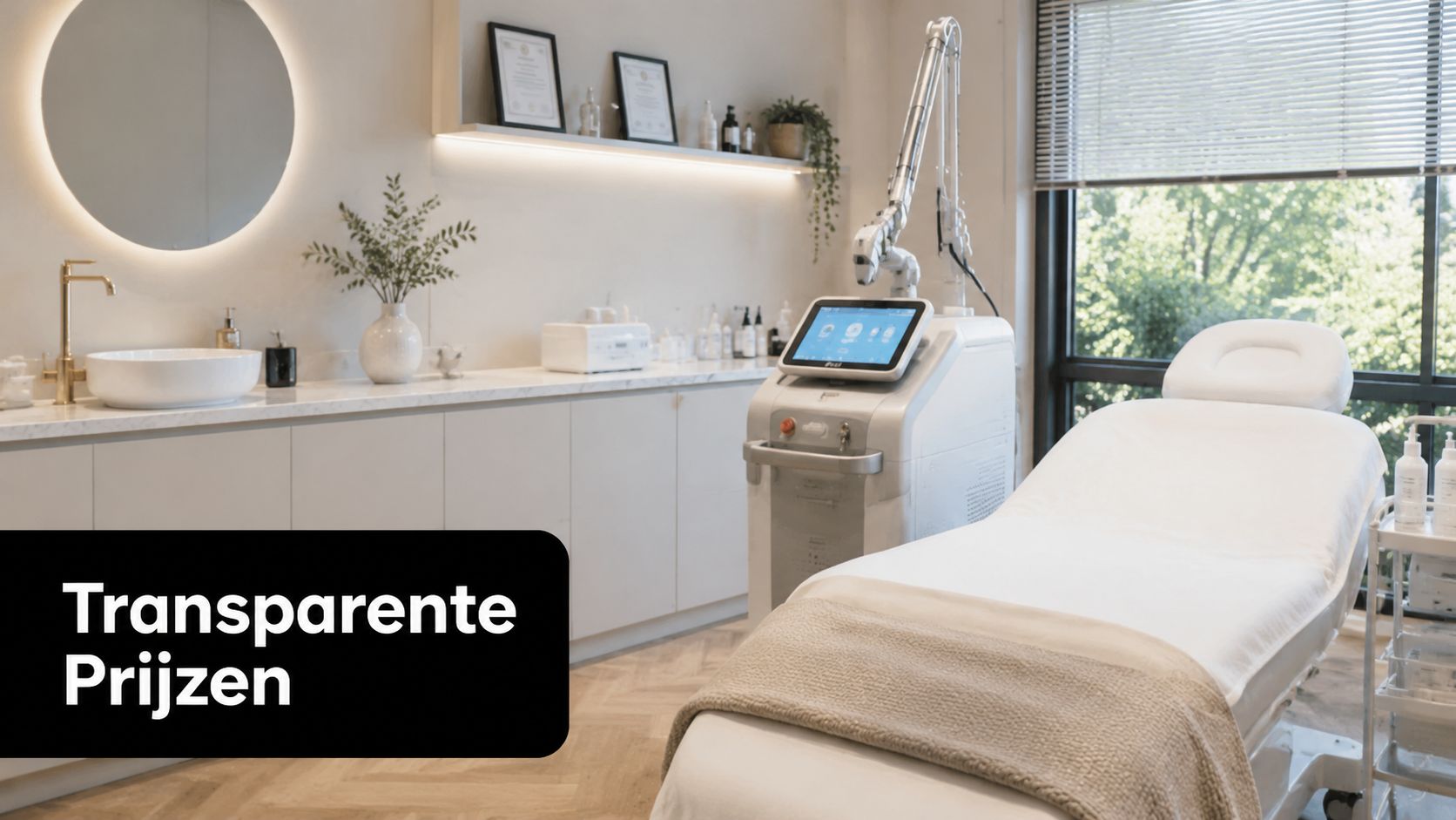Een moderne schoonheidskliniek met een laserbehandelingsstoel, een lasermachine en een wastafel voor professionele cosmetische behandelingen.