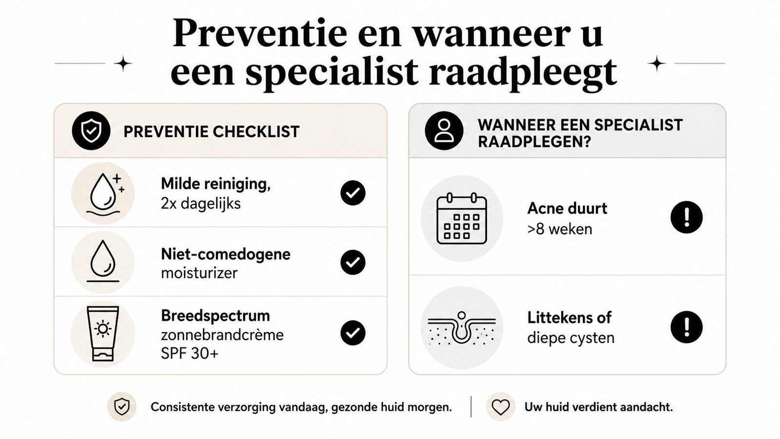 Een informatieve infographic in het Nederlands over preventie van acne en advies wanneer een specialist te raadplegen.