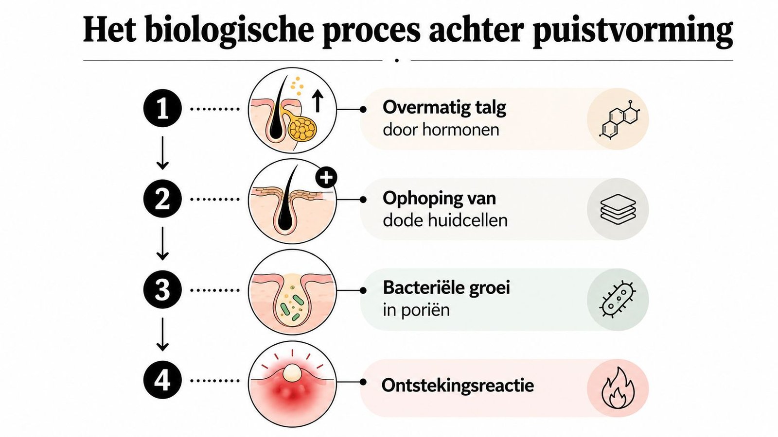Een informatieve infographic die het biologische proces van puistvorming in vier opeenvolgende stappen in de huid weergeeft.