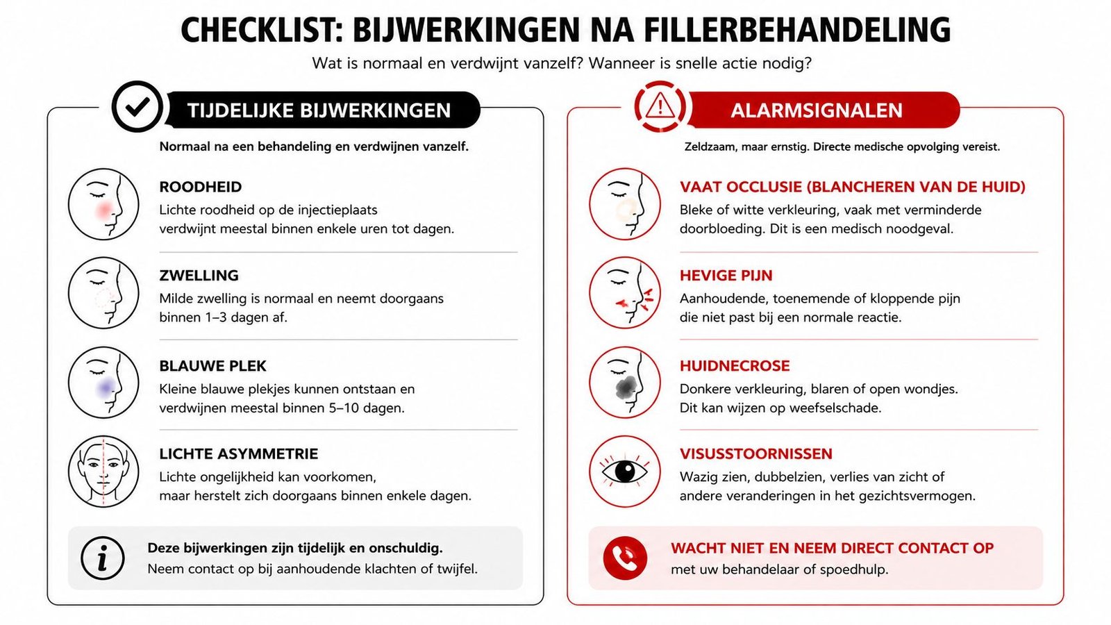 Een informatieve checklist met tijdelijke bijwerkingen en ernstige alarmsignalen na een fillerbehandeling in het gezicht.