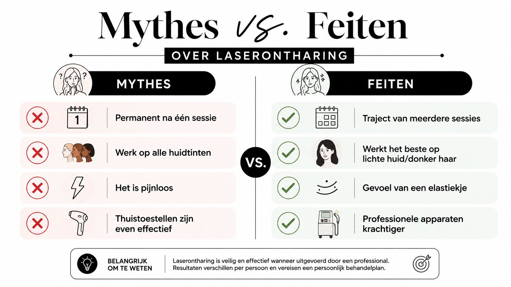 Een infographic die veelvoorkomende mythen en feiten over professionele laserontharing voor het lichaam vergelijkt.