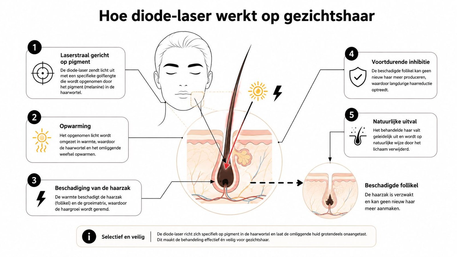 Een infographic die stapsgewijs uitlegt hoe diode-lasertherapie werkt voor het effectief en veilig verwijderen van gezichtshaar.