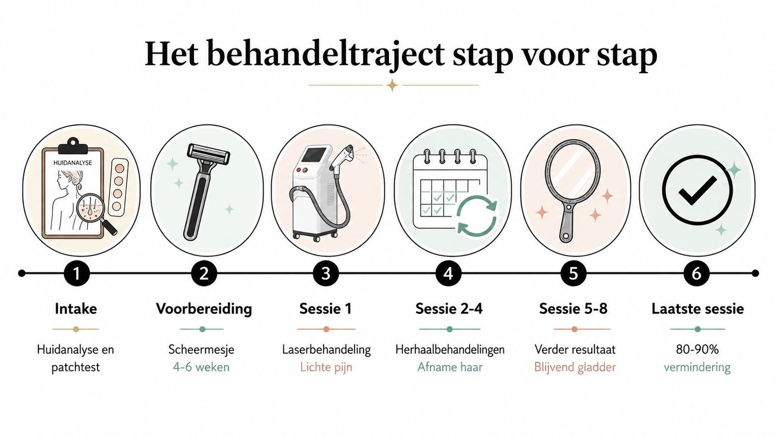 Een overzicht van het laserontharingstraject in zes stappen, van intake en voorbereiding tot de uiteindelijke resultaten.