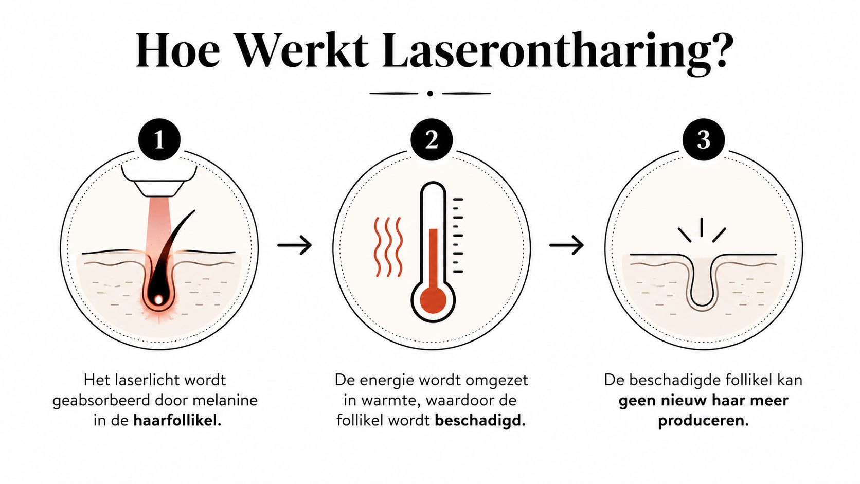 Een stappenplan van drie stappen dat uitlegt hoe laserontharing door absorptie van licht in haarzakjes werkt.