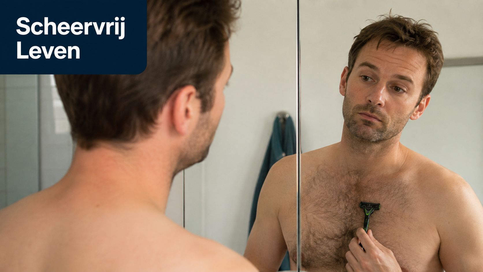 Een man staat voor een spiegel en scheert zijn borsthaar met een scheermesje in een badkameromgeving.