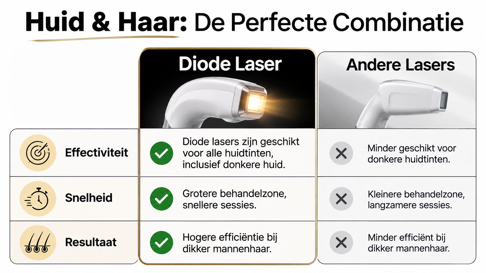 Een tabel die de superieure effectiviteit, snelheid en resultaten van diode lasers vergelijkt met andere lasers voor mannen.