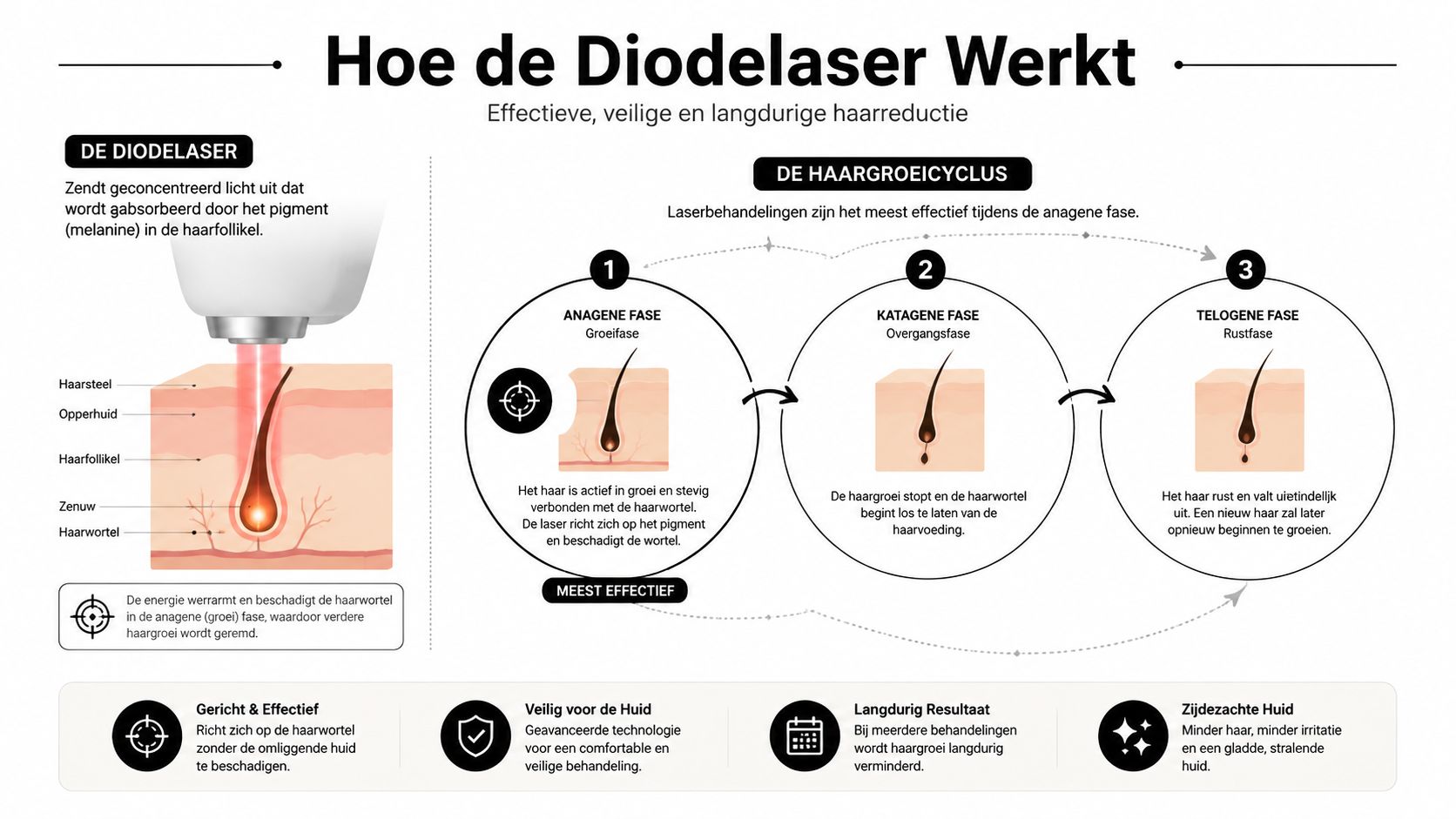 Een infographic die uitlegt hoe diodelaser ontharing werkt aan de hand van de drie haargroeifases.