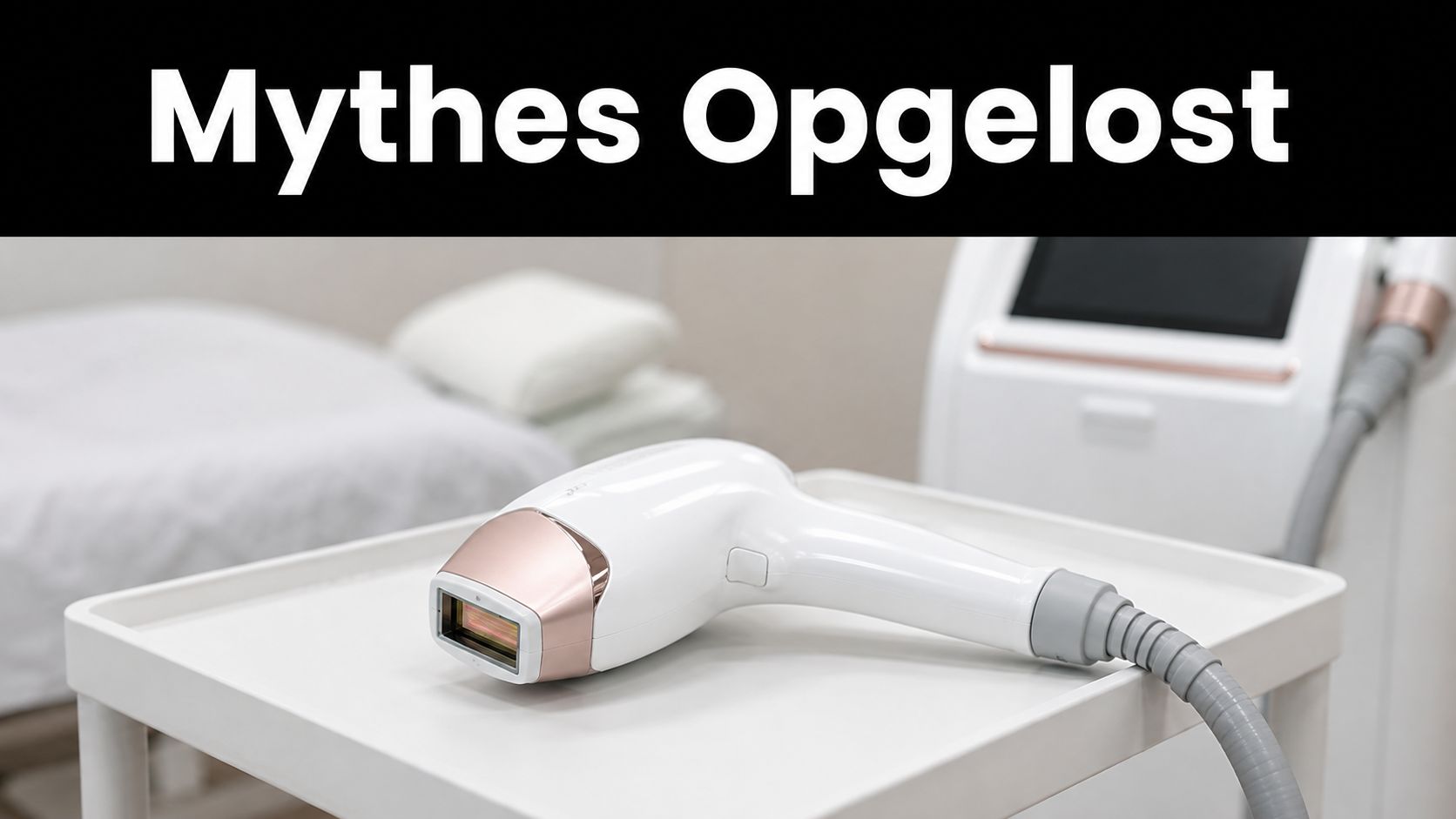 Een professionele laserontharing machine staat op een witte tafel in een esthetische salon voor schoonheidsbehandelingen.
