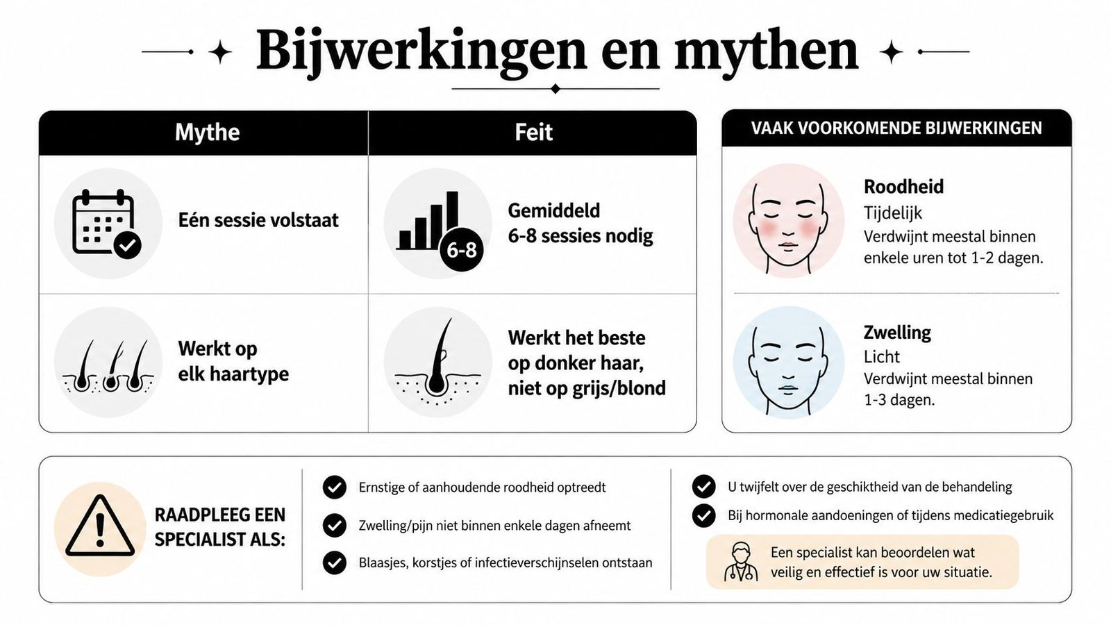 Een informatieve infographic over laserontharing met mythes, feiten, bijwerkingen en wanneer een specialist te raadplegen.