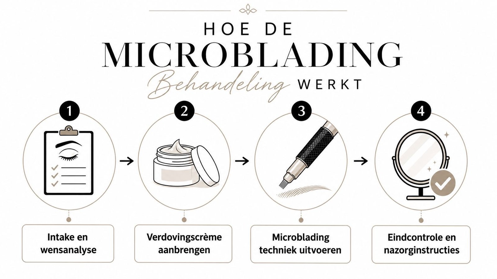 Een stappenplan voor een microblading behandeling van de wenkbrauwen, van intakegesprek tot de nazorginstructies en eindcontrole.