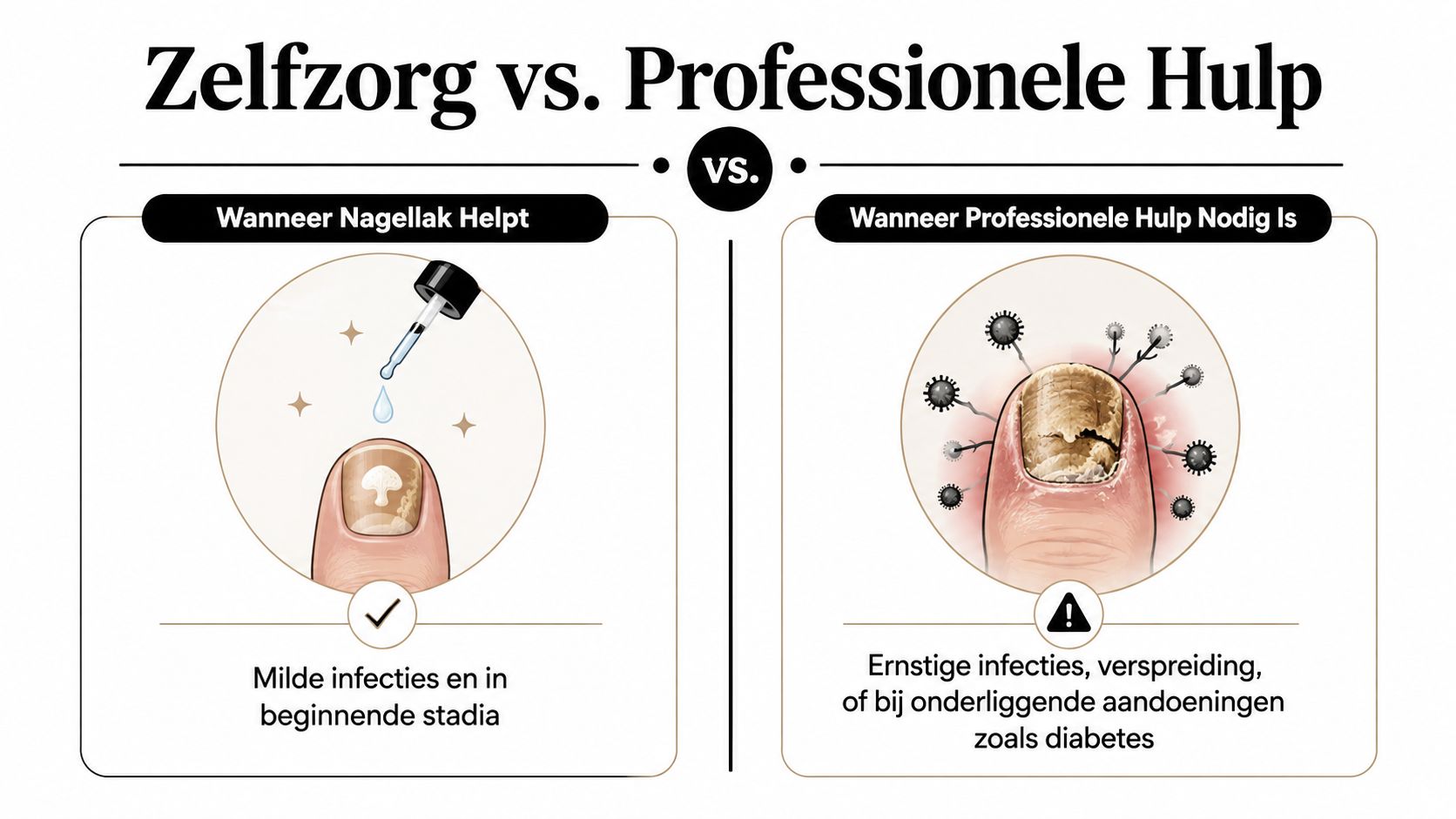 Vergelijking tussen zelfzorg met nagellak bij milde schimmelnagels en wanneer professionele medische hulp noodzakelijk is.