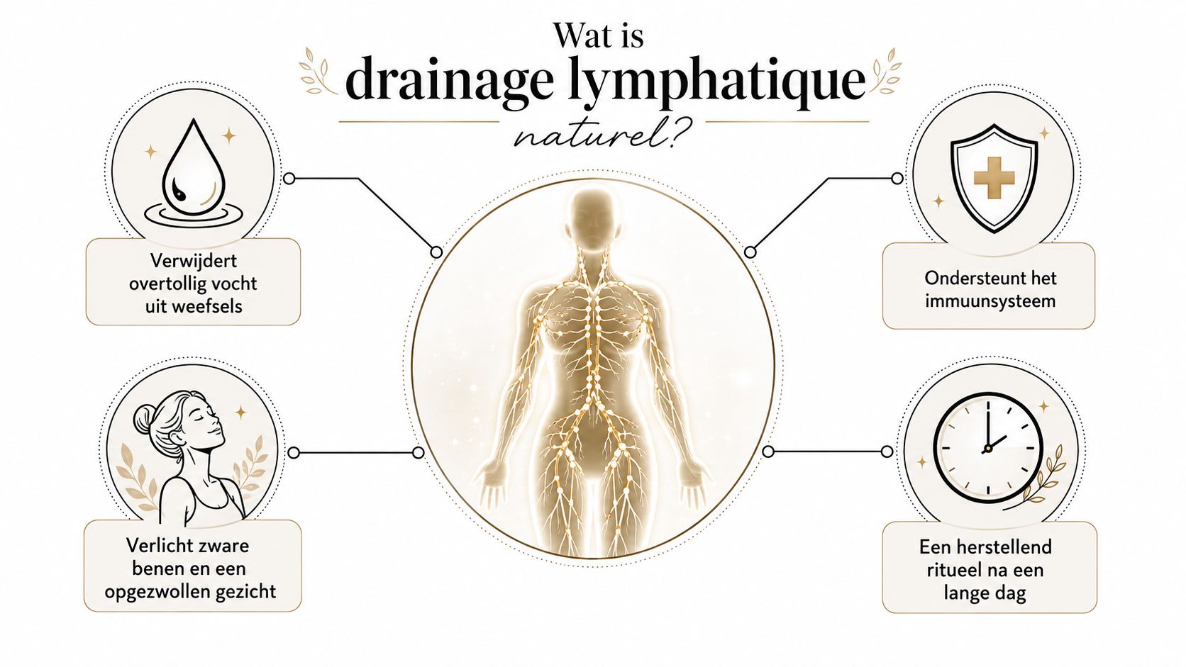 Een informatieve afbeelding over natuurlijke lymfedrainage, met iconen die de voordelen en werking voor het lichaam tonen.