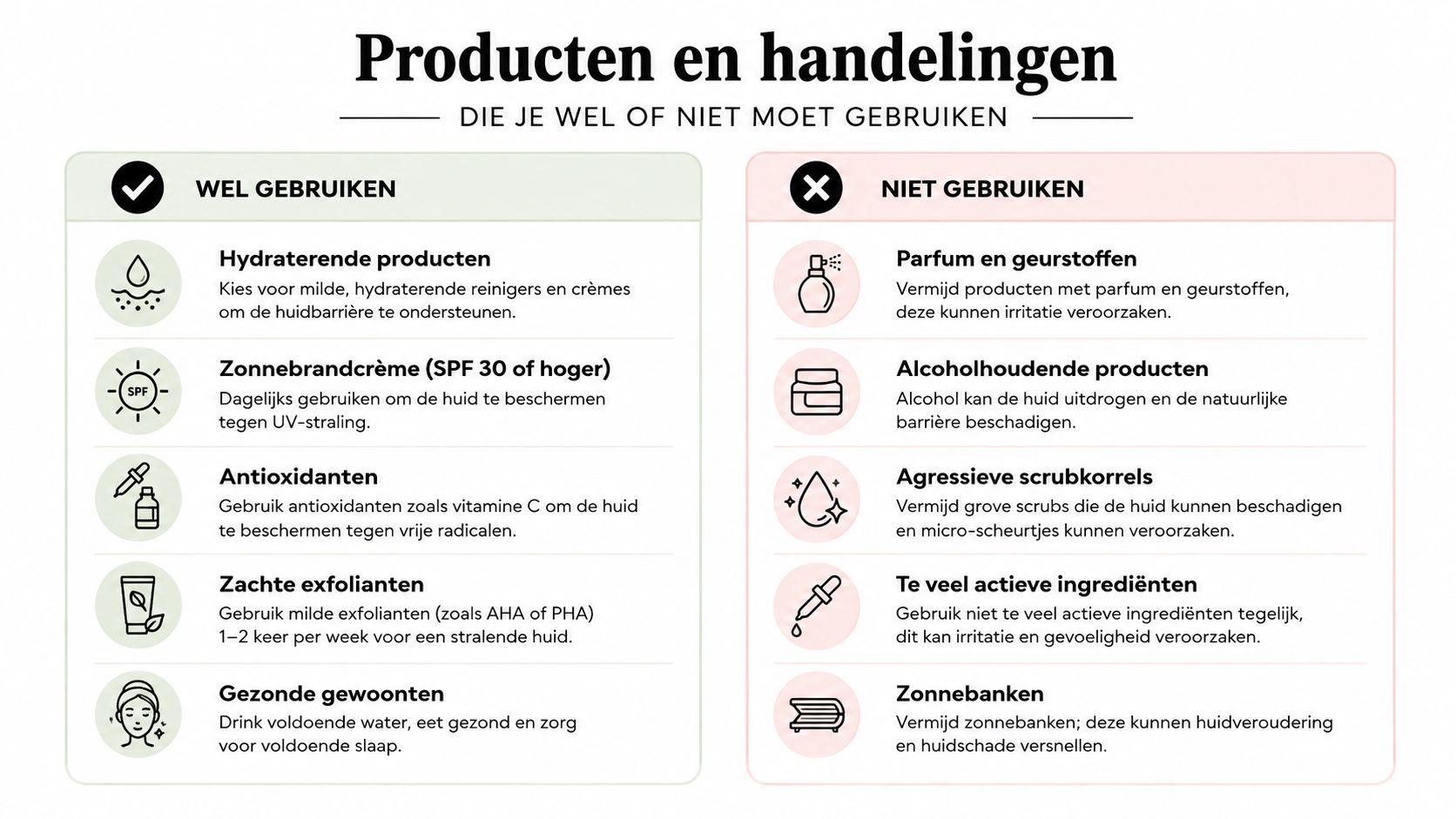 Een overzicht van huidverzorgingsadvies met producten en handelingen die je wel of niet moet gebruiken voor gezonde huid.
