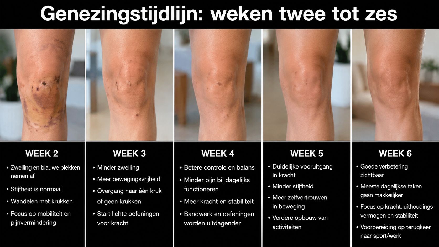 Een overzicht van een knie-hersteltijdlijn in vijf fasen van week twee tot week zes na de operatie.