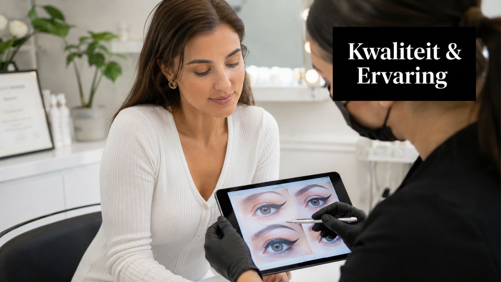 Een schoonheidsspecialiste bespreekt permanente make-up voor de ogen met een cliënt aan de hand van een tablet.