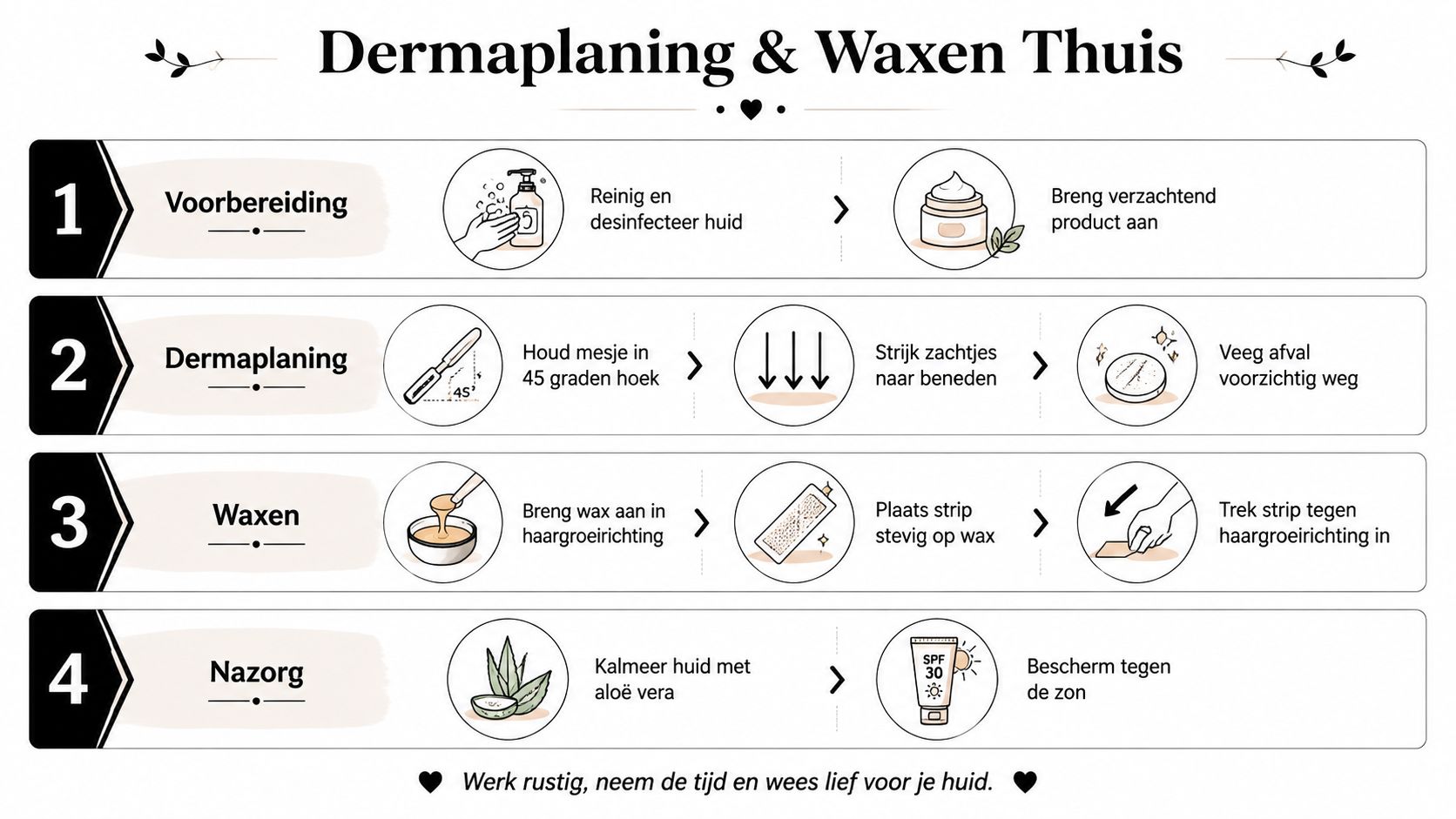 Stappenplan voor het veilig uitvoeren van dermaplaning en waxen van gezichtshaartjes in de eigen thuisomgeving.