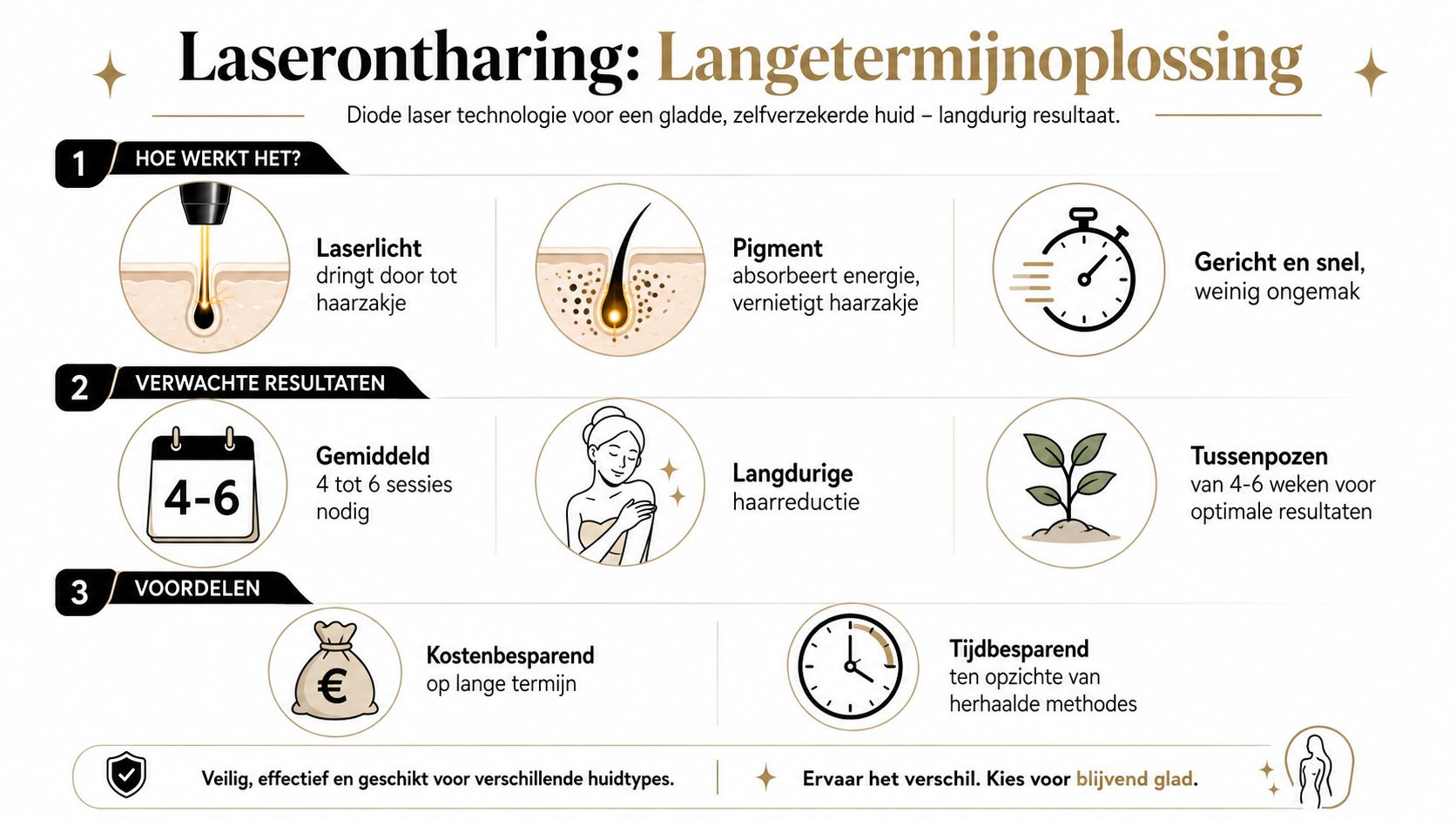 Een informatieve infographic over de stappen en voordelen van laserontharing als langetermijnoplossing voor een gladde huid.