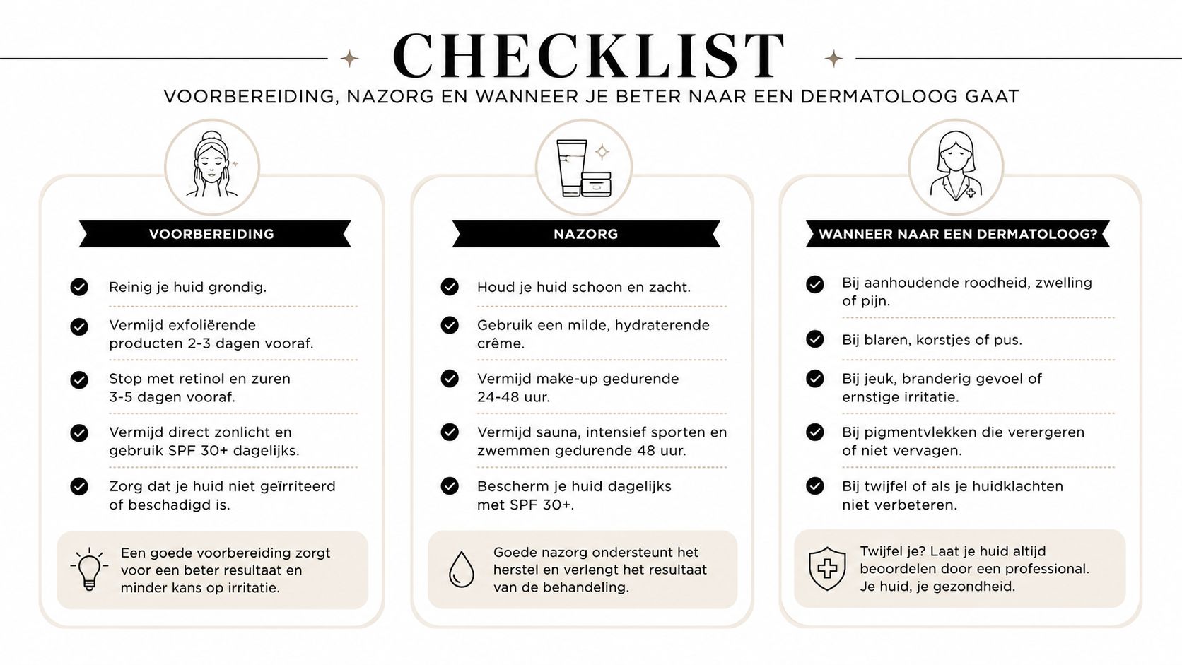 Een informatieve checklist met voorbereiding, nazorg en dermatologisch advies voor een gezonde huid na behandelingen.