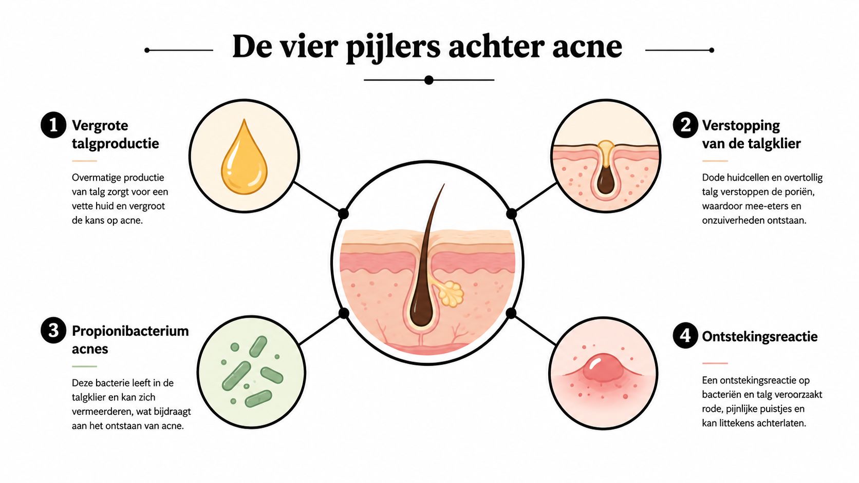 Een educatieve infographic die de vier belangrijkste oorzaken van acne in de menselijke huid visueel weergeeft.