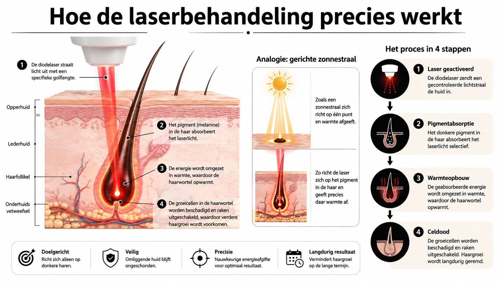 Een infographic die in vier stappen uitlegt hoe een diodelaser werkt voor effectieve en permanente laserontharing.