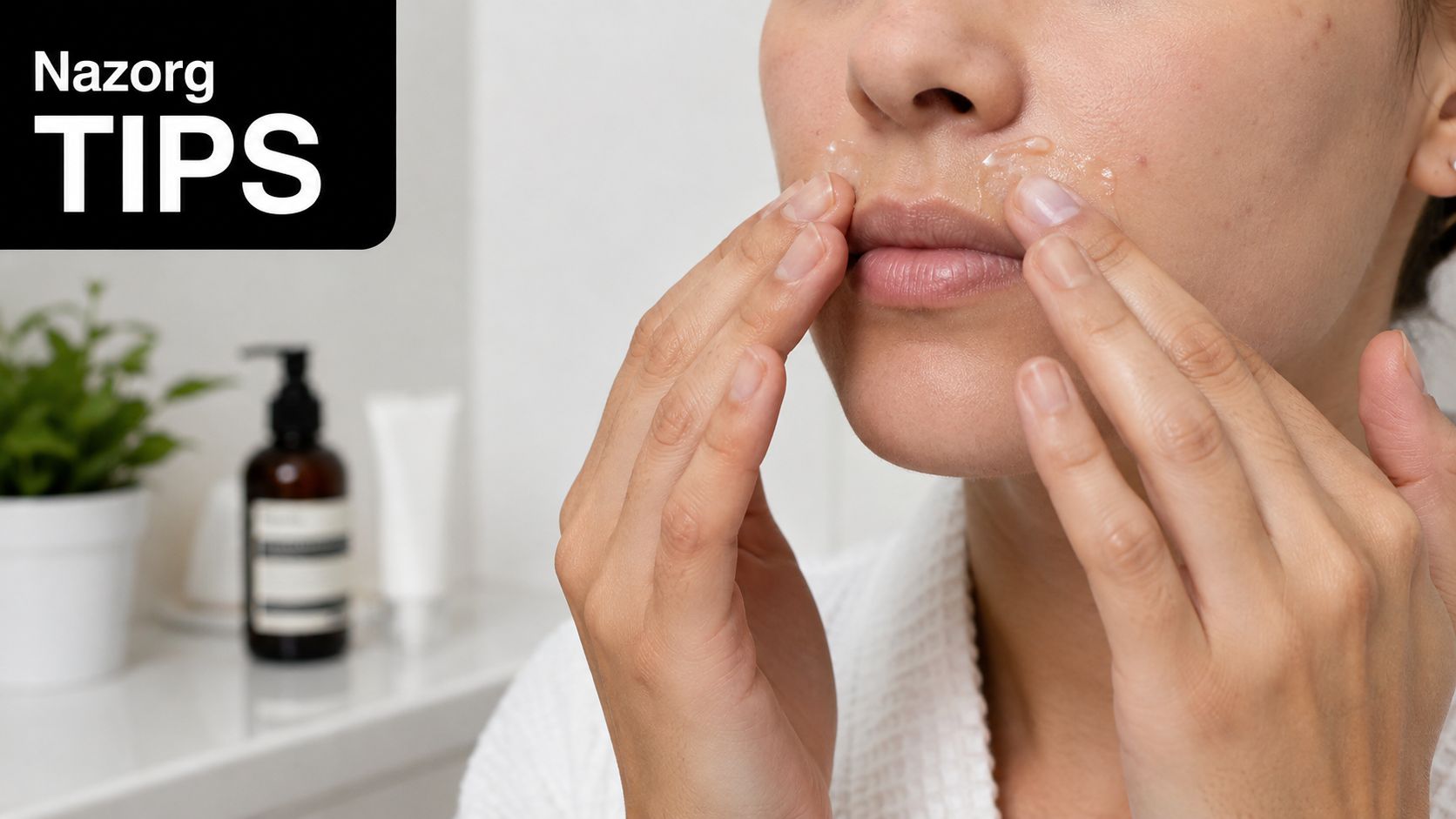 Een vrouw brengt verzorgende gel aan op de rimpels boven haar lippen voor huidverjonging.