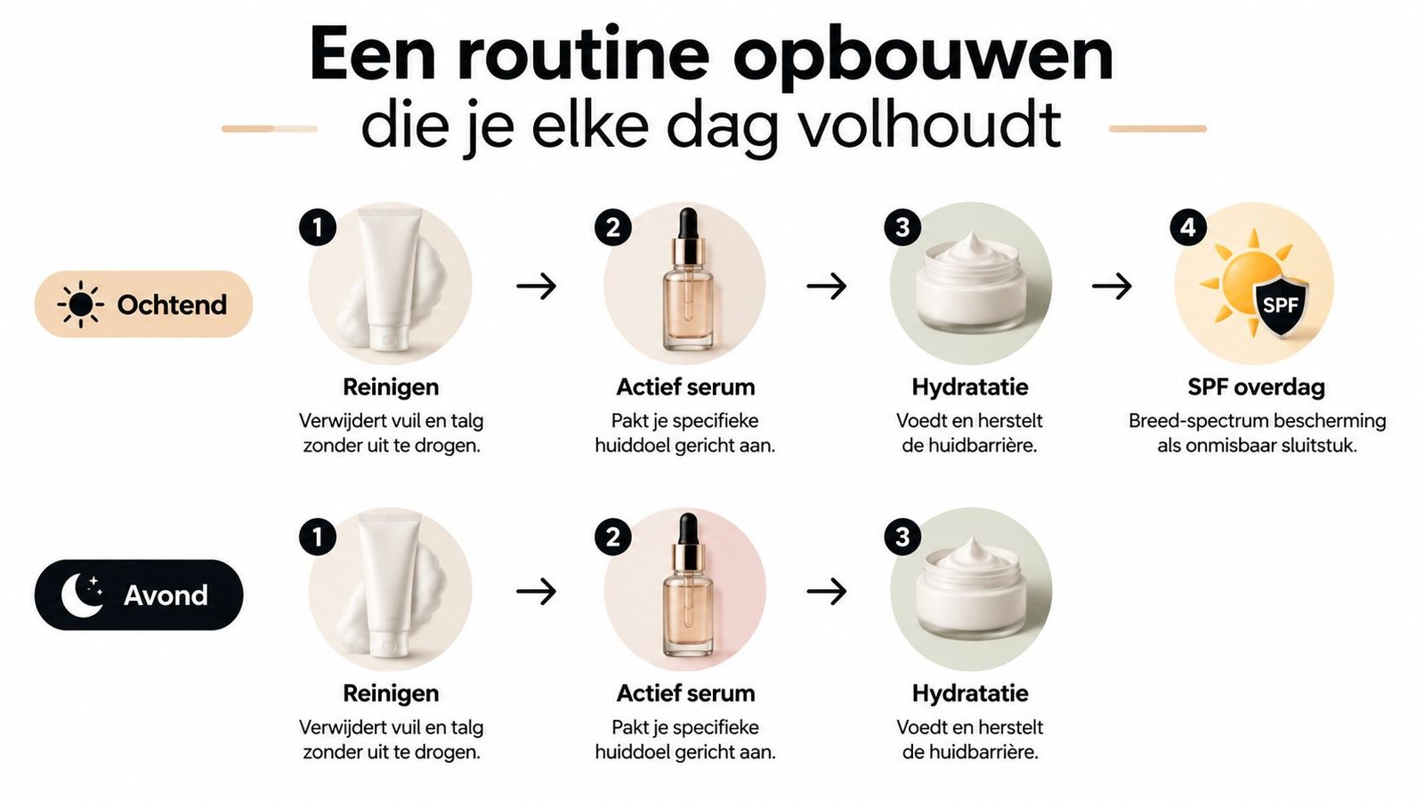 Een overzichtelijk schema met een dagelijkse huidverzorgingsroutine voor de ochtend en avond, inclusief reinigen en hydrateren.