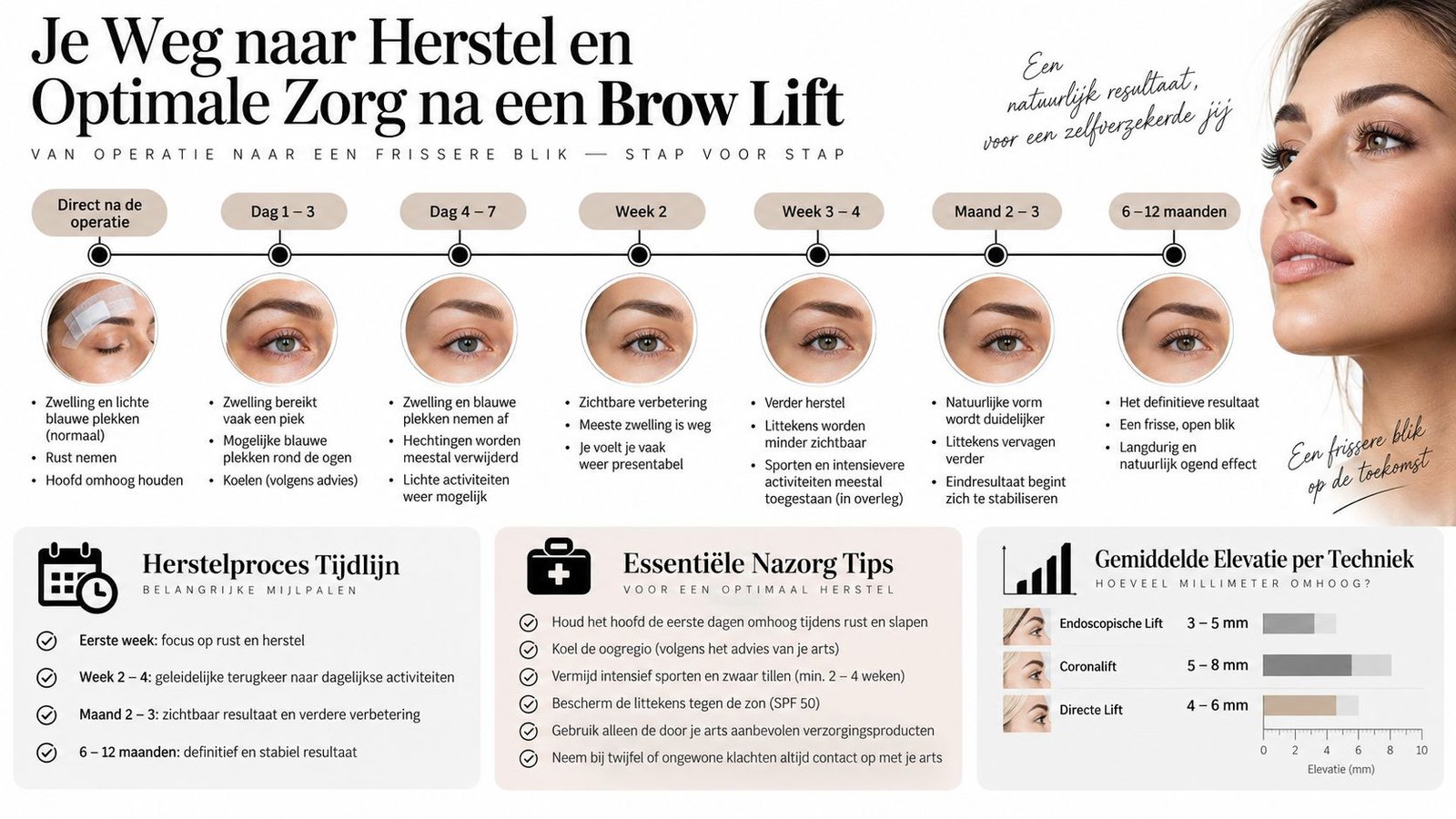Een tijdlijn die het herstelproces en de nazorg na een wenkbrauwlift operatie stap voor stap uitlegt.